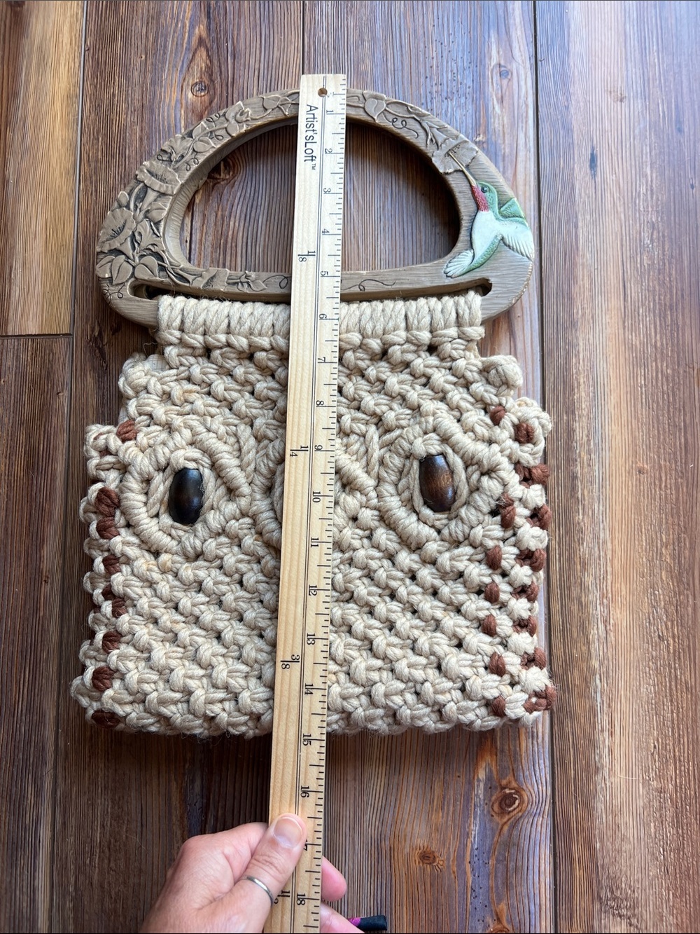 Handmade Macramé Purse with Wood Handles and Bead Accents - Picture 9 of 10